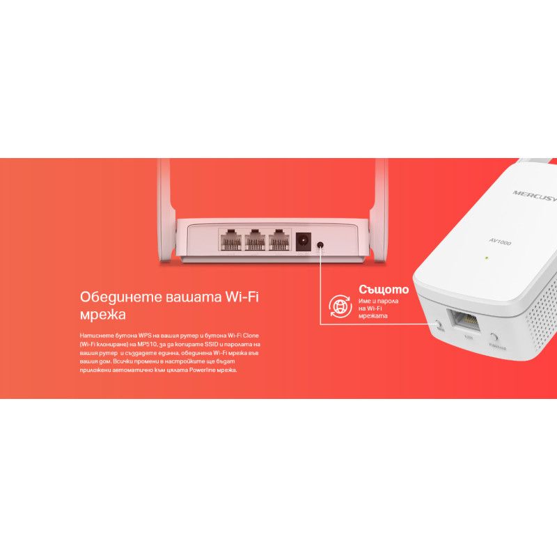 Powerline адаптер Mercusys MP510 KIT, AV1000 Gigabit WiFi - 6