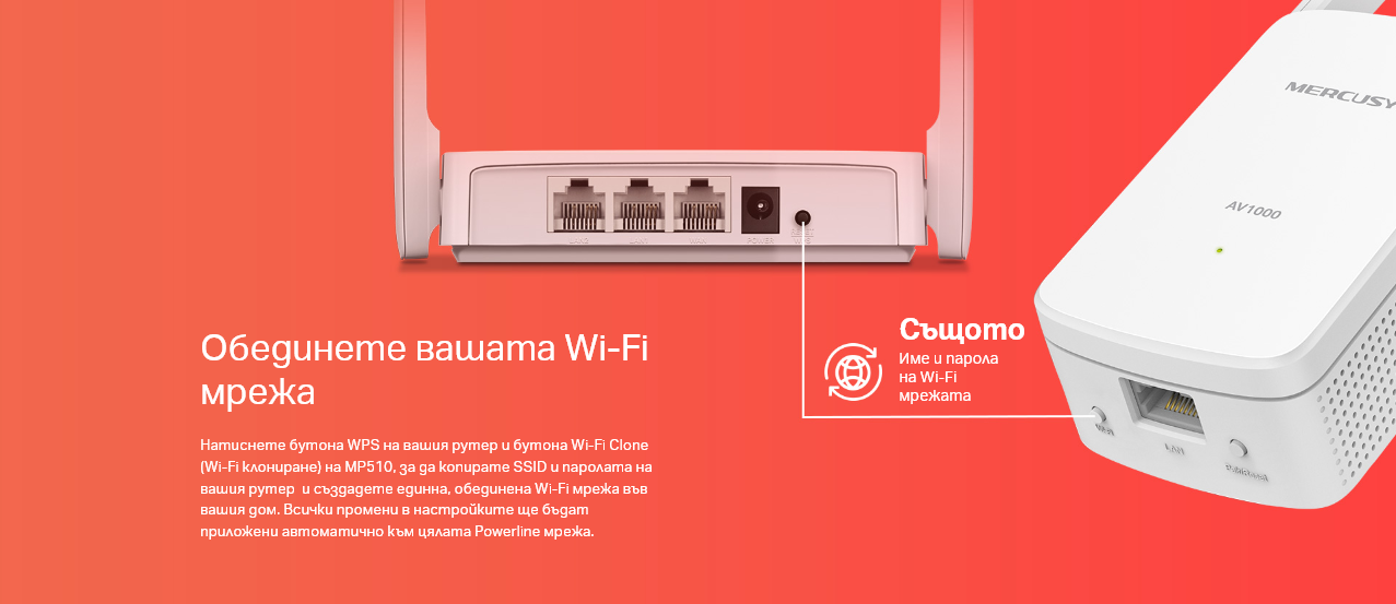 Powerline адаптер Mercusys MP510 KIT, AV1000 Gigabit WiFi - 6