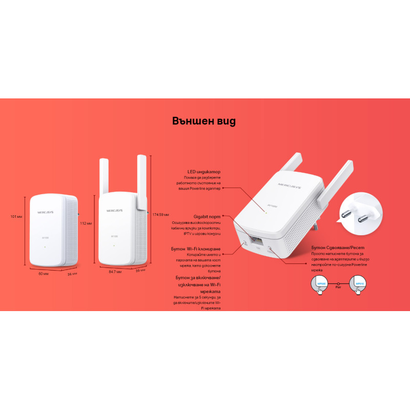 Powerline адаптер Mercusys MP510 KIT, AV1000 Gigabit WiFi - 8
