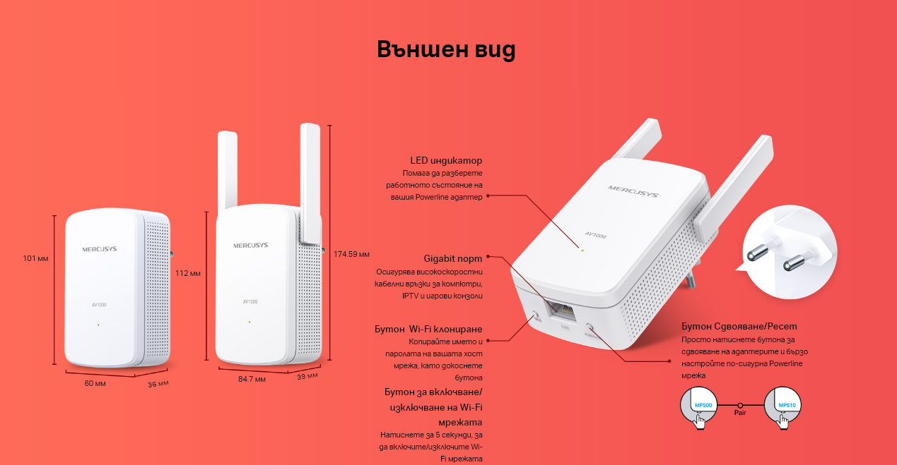 Powerline адаптер Mercusys MP510 KIT, AV1000 Gigabit WiFi - 8