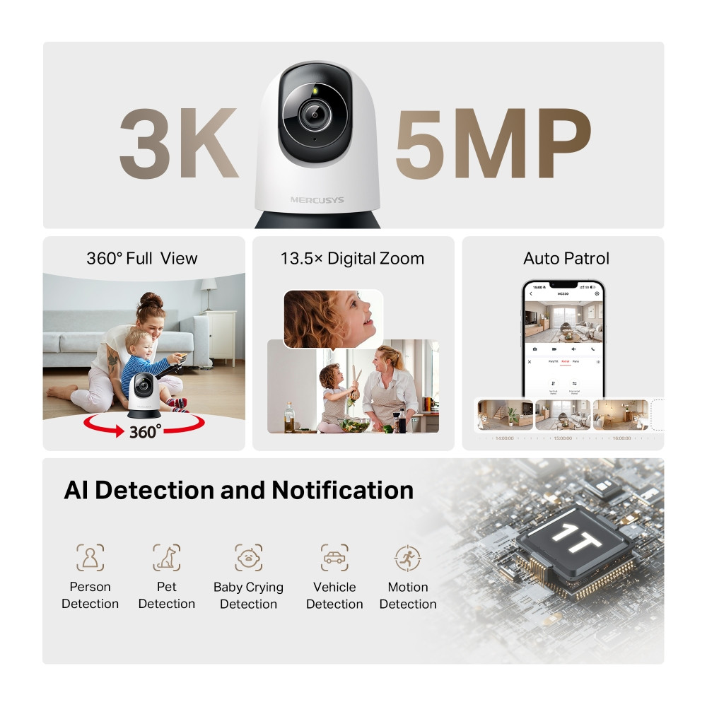 Домашна охранителна Wi-Fi камера MERCUSYS MC230, 5MP, Pan/Tilt, H.264, Micro SD slot - 2