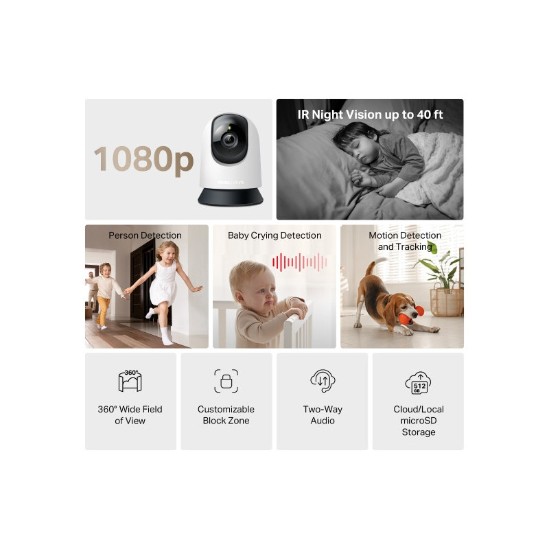 Домашна камера Wi-Fi Pan/Tilt Mercusys MC200, 1080p Full HD, вградена памет до 512GB -  - 2