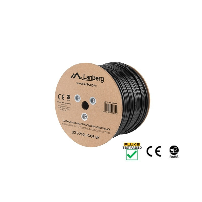 LAN кабел Lanberg Cat.5e F/UTP, 305m твърд външен CU черен - LCF5-21CU-0305-BK - 1