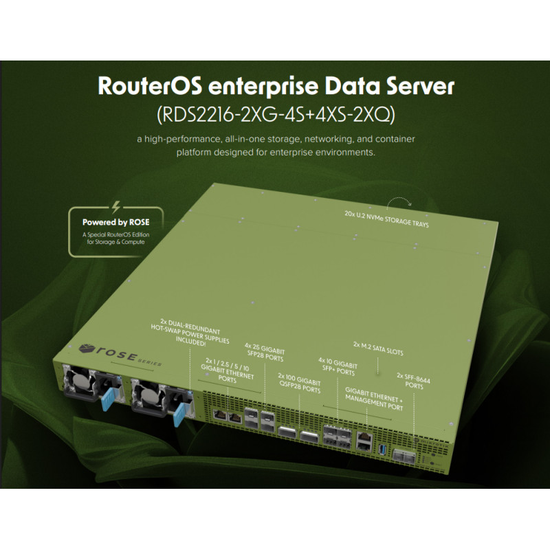 Сървър MikroTik ROSE 16-ядрен ARM CPU, 32GB DDR4 RAM, 128GB SSD,  20x U.2 NVMe, 2x100G QSFP28, 4x25G SFP28x, 4x10G SFP+, 2x10G Ethernet 2xSFF-8644 SAS- RDS2216-2XG-4S+4XS-2XQ - 5