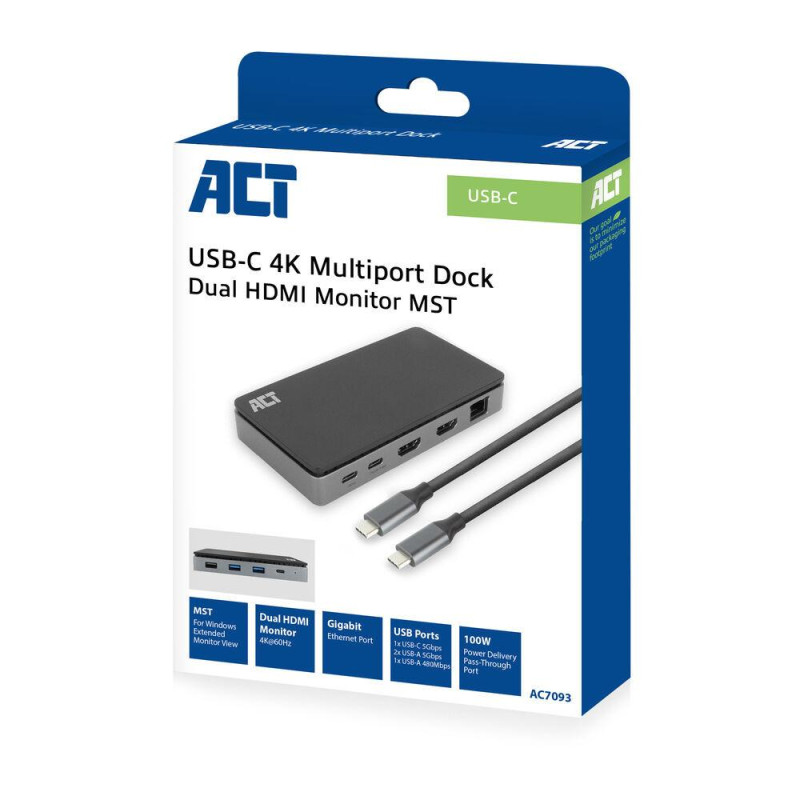 Докинг станция ACT, USB-C, 2x HDMI, Ethernet, 3x USB-A - AC7093 - 5