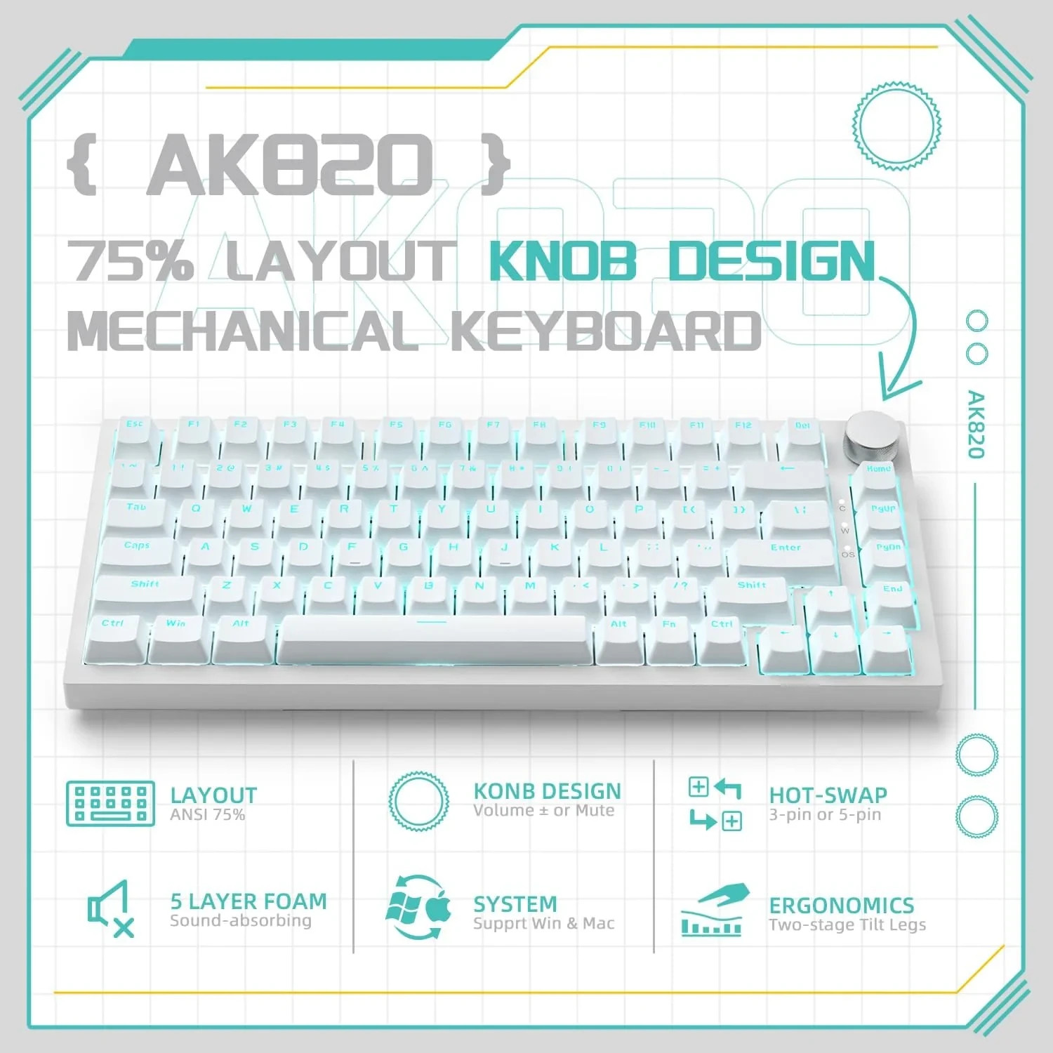 Механична геймърска клавиатура Ajazz AK820, 75%, Blue Switches Linear, PBT Keycaps, 81 клавиша - AJ-AK820-BS-WH-DIY - 2