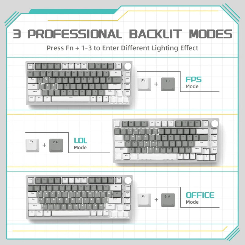 Bluetooth механична геймърска клавиатура Ajazz AK820, 75%, USB, Linear Moon Switches, PBT Double-shot капачки, Бял/Сив - AJ-AK820-MF-YS-WG - 9