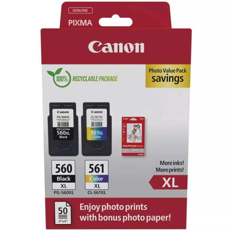 Оригинален комплект мастилени касети Canon PG-560XL/CL-561XL, CMYK, до 400 страници (черно), до 300 страници (цвят), 12.2ml (BK) + 14.3ml (CMY) - 3712C008AA - 1