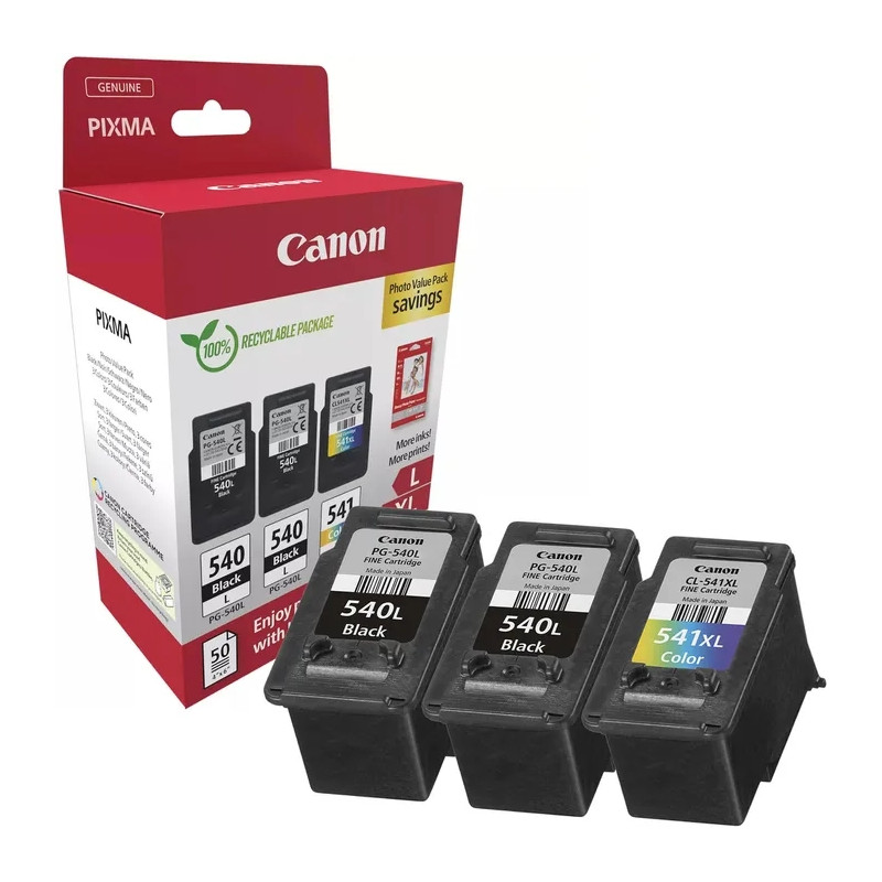 Оригинален комплект мастилени касети Canon PG-540Lx2 / CL-541XL, Black 11ml (300 pages) + Colour 15ml (400 pages) + 50 sheets GP-501 Glossy Photo Paper - 5224B015AA - 1