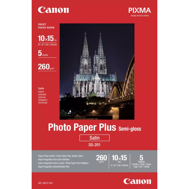 Полугланцова фото хартия Canon SG-201, 10x15cm, Semi-glossy, 260 g/m², 5 листа - 1686B072AA - 1