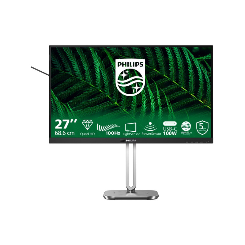 Монитор PHILIPS 27B2G5601/00, 27" QHD IPS 2560x1440 100Hz, докинг USB-C с до 96W захранване, Ethernet - 1
