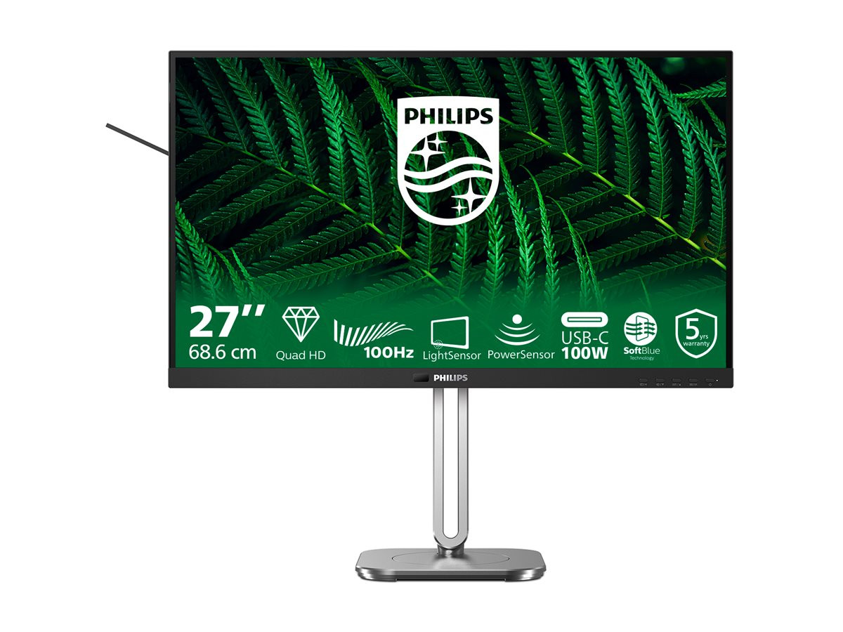 Монитор PHILIPS 27B2G5601/00, 27" QHD IPS 2560x1440 100Hz, докинг USB-C с до 96W захранване, Ethernet - 1