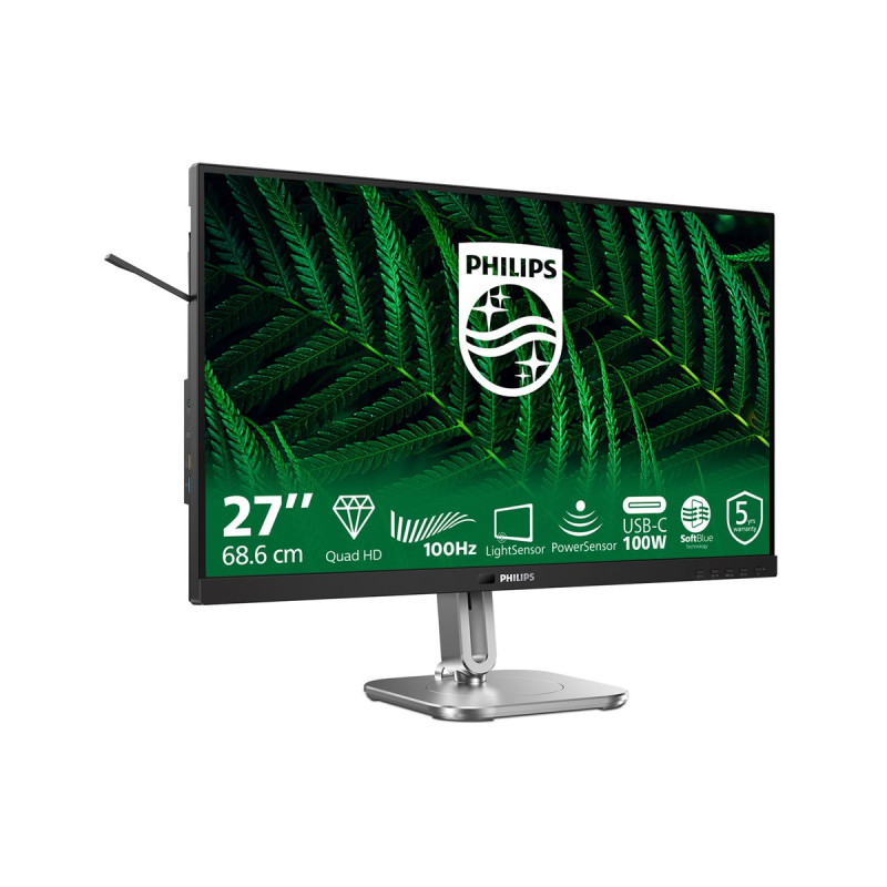 Монитор PHILIPS 27B2G5601/00, 27" QHD IPS 2560x1440 100Hz, докинг USB-C с до 96W захранване, Ethernet - 2