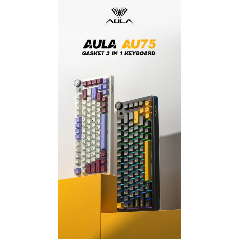 Bluetooth механична геймърска клавиатура Aula AU75, 75% Layout, Bloomfield Linear Switch, Бежова - AU75-BS-BEIGE - 3