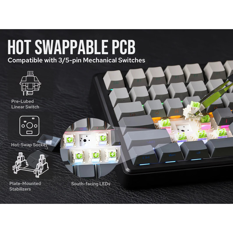Bluetooth механична геймърска клавиатура Aula F75 MAX, 75%, Reaper Switch Linear, 80 клавиша, RGB подсветка - F75MAX-RS-BR - 17