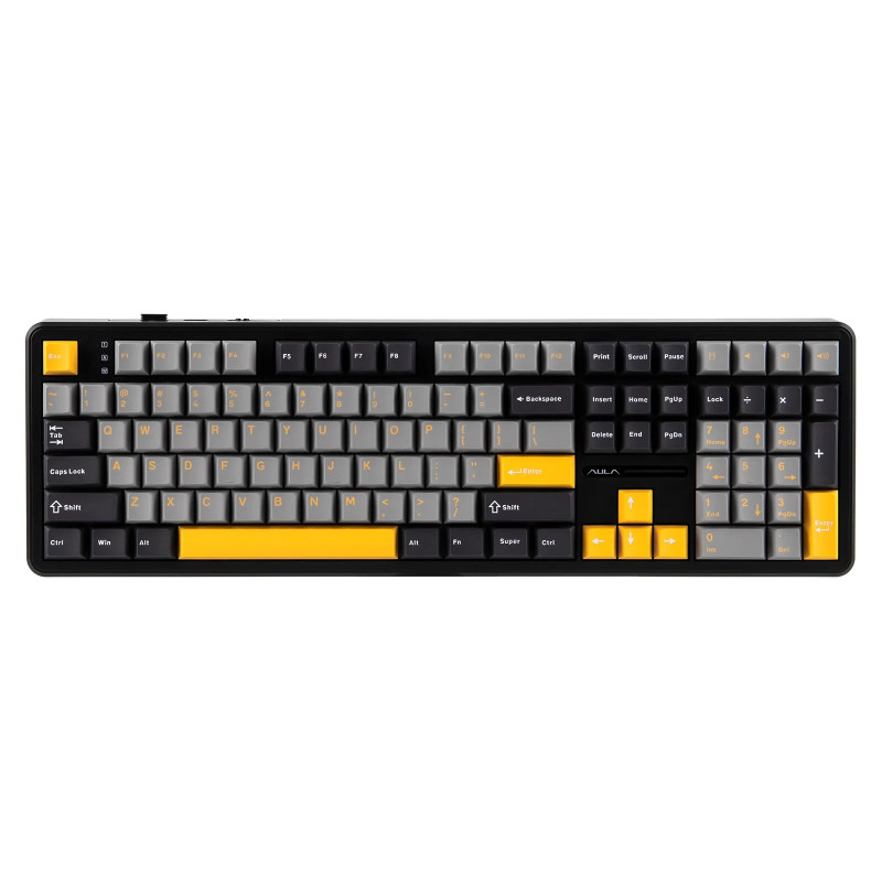 Bluetooth механична геймърска клавиатура Aula F108, 108 клавиша, Volcanic Switch Linear, PBT Cherry Profile, RGB подсветка, Алуминиева основа - F108-VS-GR-OR - 1