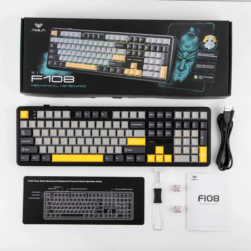 Bluetooth механична геймърска клавиатура Aula F108, 108 клавиша, Volcanic Switch Linear, PBT Cherry Profile, RGB подсветка, Алуминиева основа - F108-VS-GR-OR - 16