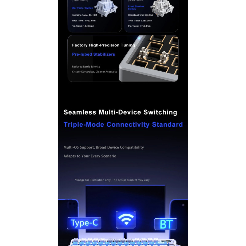 Bluetooth механична геймърска клавиатура Aula NOVA 75, Star Vector Linear Switch, 87 клавиша, RGB подсветка, алуминиева основа - NOVA75-SV-WH-GR - 16