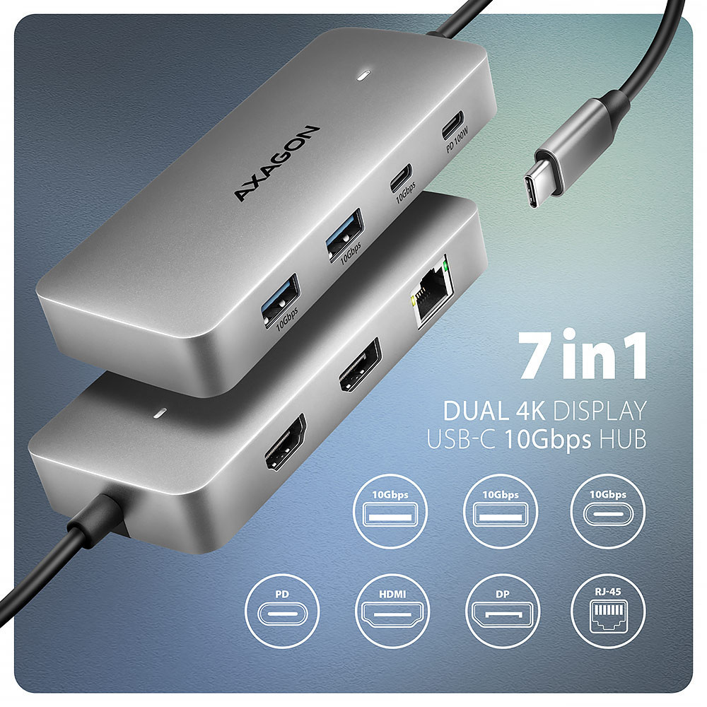 Докинг станция AXAGON HMC-CUB83X2, 10Gbps 7в1 Dual 4K Display - HMC-CUB83X2 - 2