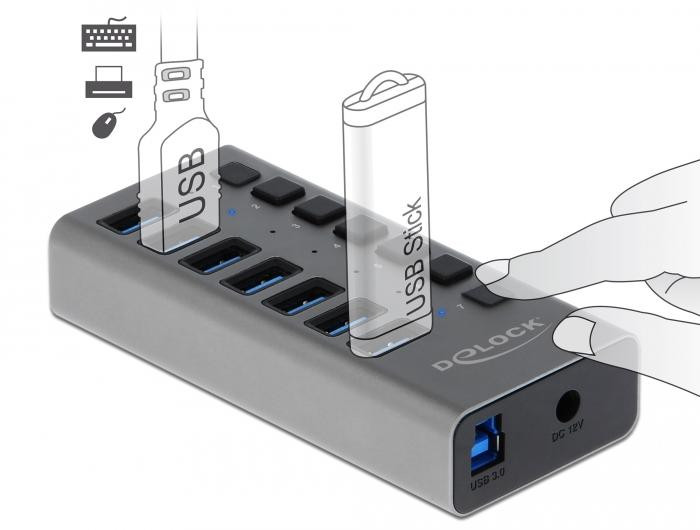 USB-A хъб DeLock, 7 портов USB 3.0, 1м кабел, 220V захранване - DELOCK-63669 - 2