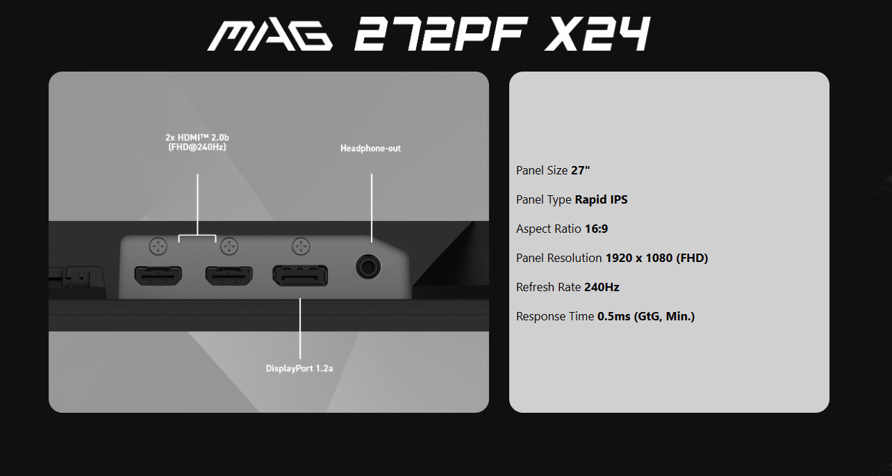 Монитор MSI MAG 272PF X24, 27" FHD 240Hz IPS - 7