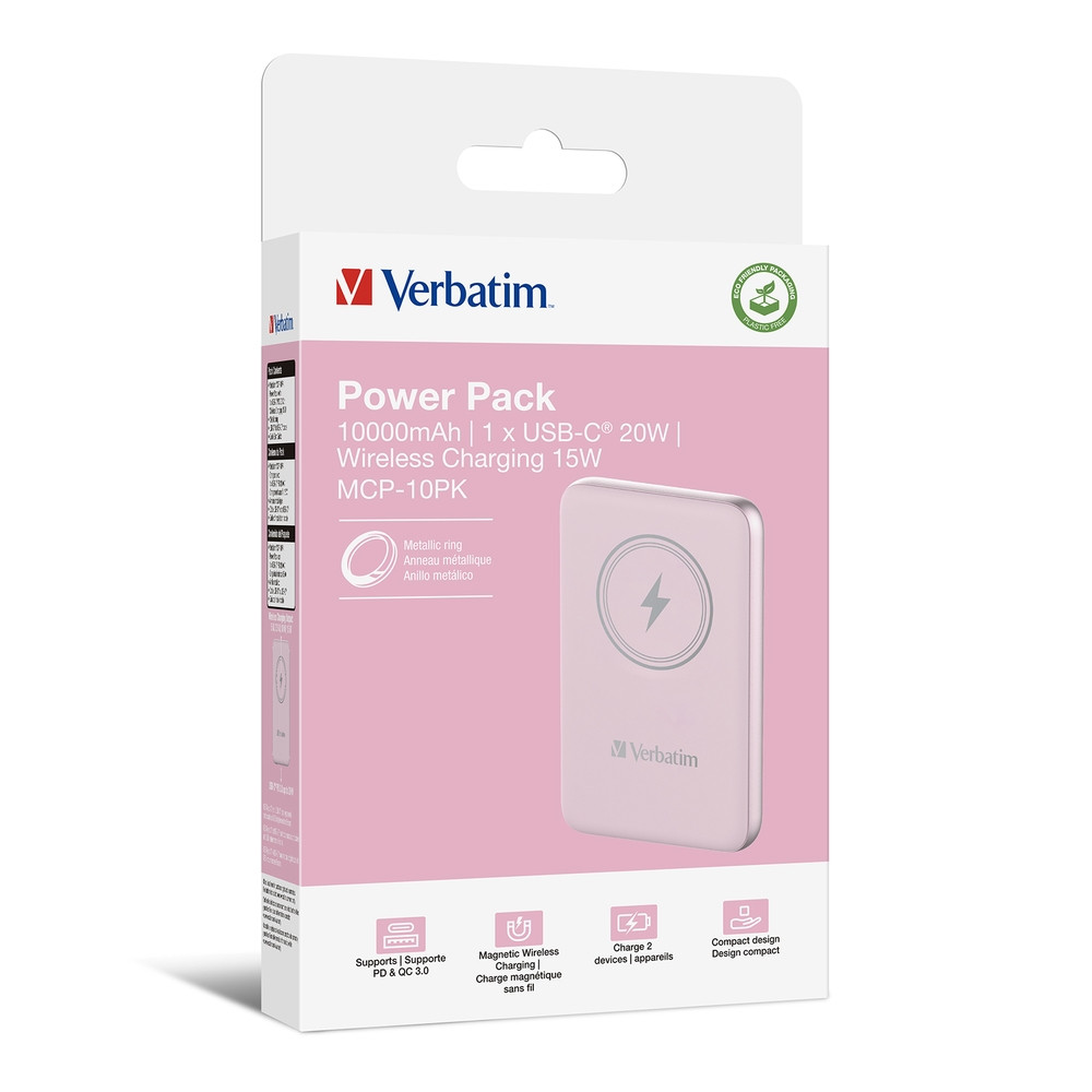 Външна батерия Verbatim MCP-10PK Power Pack, 10000 mAh, USB-C PD 20W, Безжично зареждане 15W, Pink - 32248 - 4