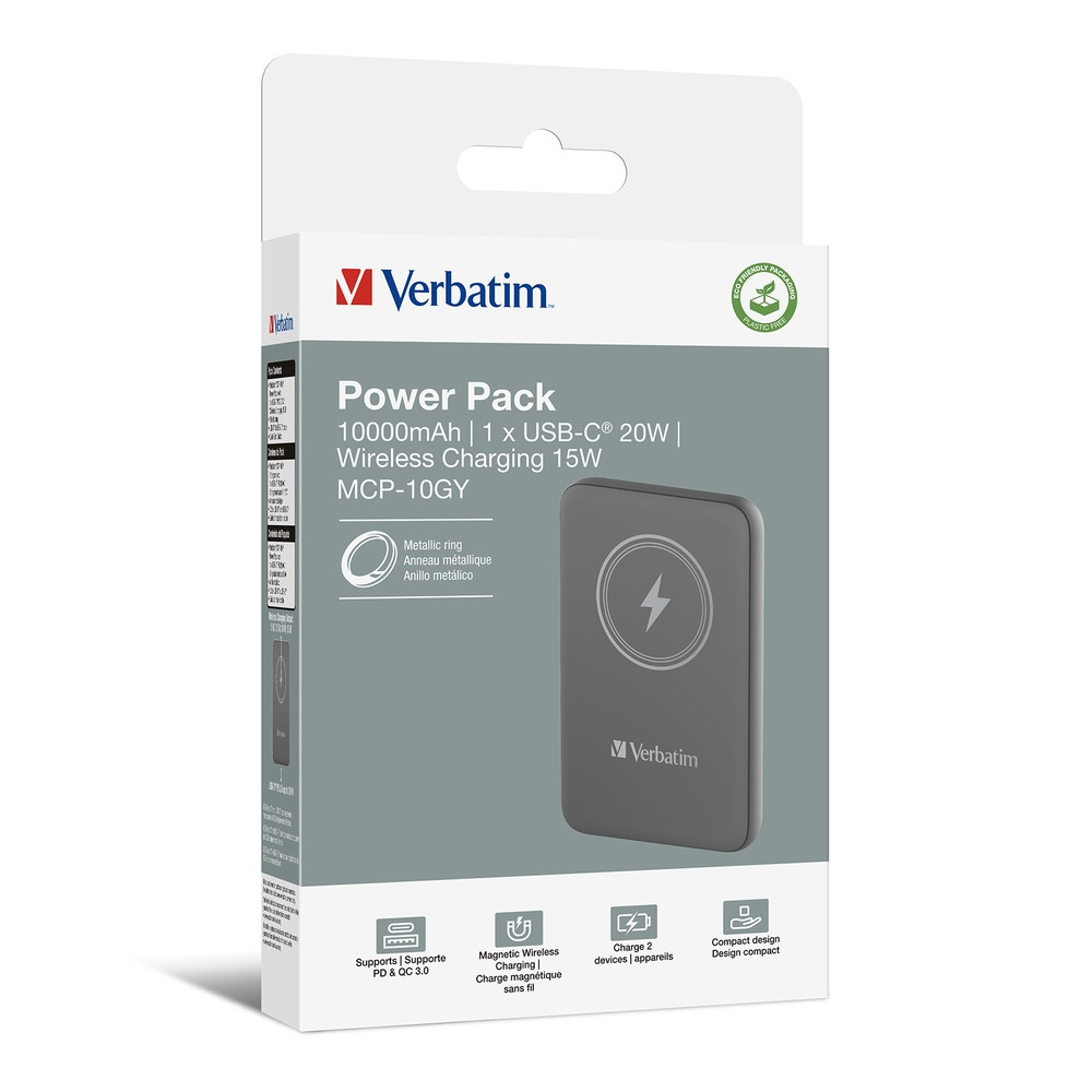 Външна батерия Verbatim MCP-10GY, 10000 mAh, USB-C PD 20W, Магнитна безжична зареждане 15W - 32249 - 4