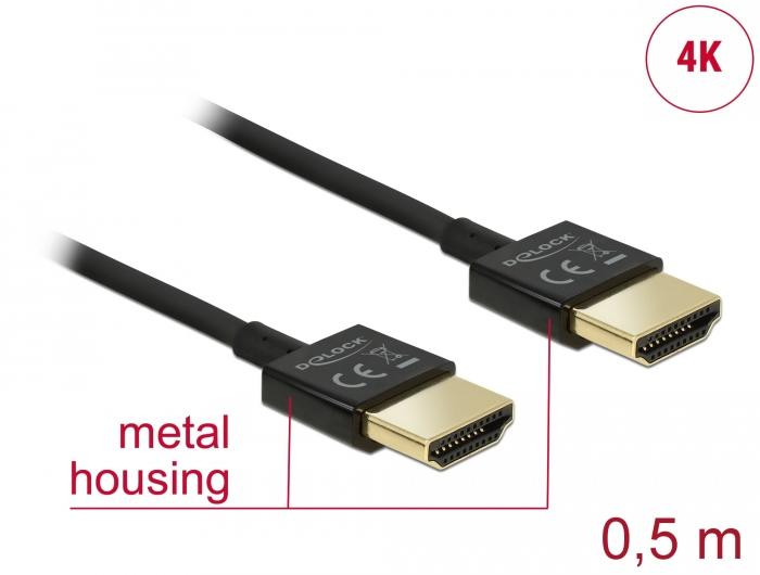 Кабел DeLock, HDMI-A мъжко - HDMI-A мъжко, Ethernet, 4K, 0.5 м, Черен - DELOCK-84786 - 1