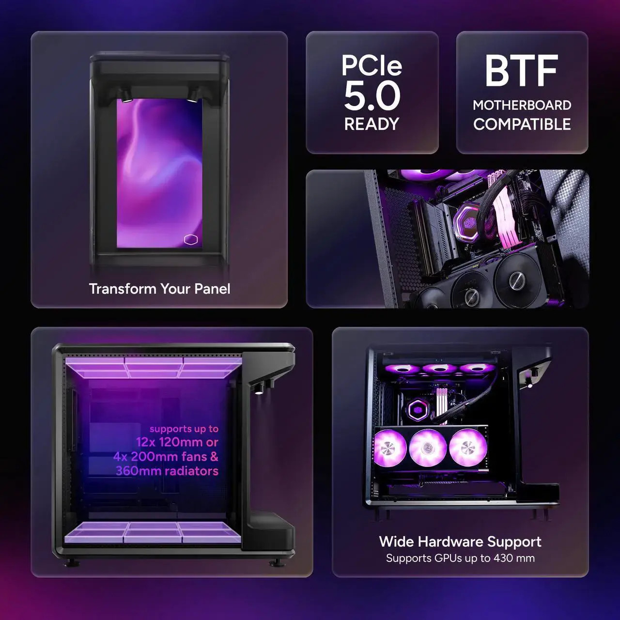 Кутия за компютър Cooler Master MasterFrame 360 Stage LCD, Middle Tower, 3x120mm включени вентилатори, ARGB Hub - MF360-KHNN-S02 - 2