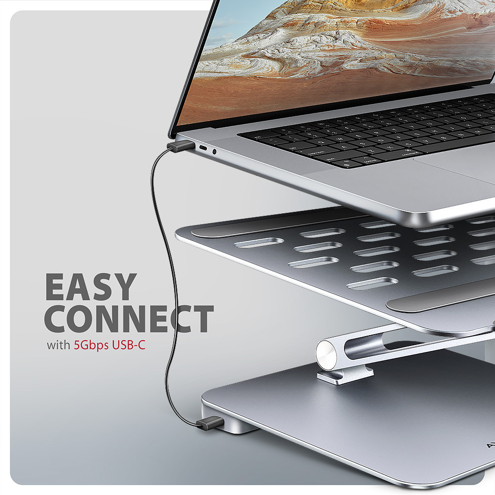 Подставка AXAGON HMC-STND, алуминиева, за лаптопи 10-16", USB Hub 5Gbps, 3x USB-A, HDMI 4K/60Hz, Gigabit LAN, PD 100W - HMC-STND - 8