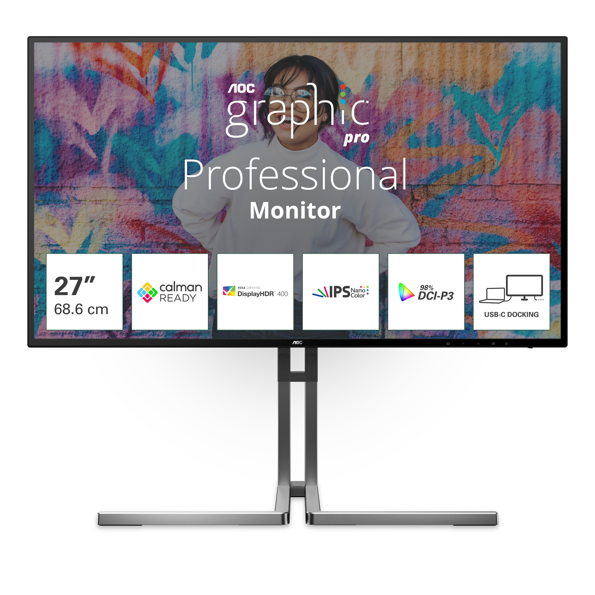 Монитор AOC U27U3CV, 27" 4K UHD, Nano IPS, KVM функцията, Adaptive Sync, Flicker Free, Low Blue Light, KVM, USB-C Docking - 1