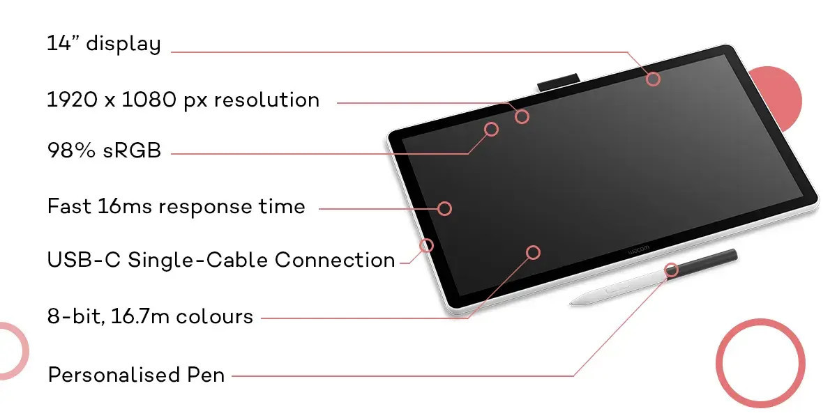 Графичен таблет WACOM One pen display 14.0", 1920 x 1080, USB-C, 4096 нива на натиск - DTC141W0 - 7