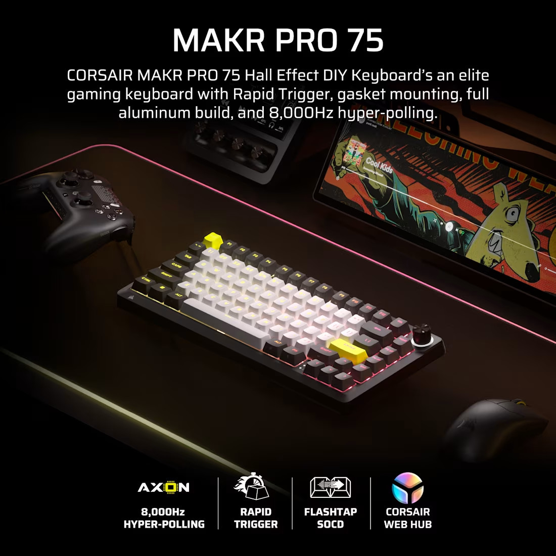 Bluetooth механична геймърска клавиатура Corsair Makr Pro 75, Hall Effect, Carbon - CH-91CE21G-NA - 2