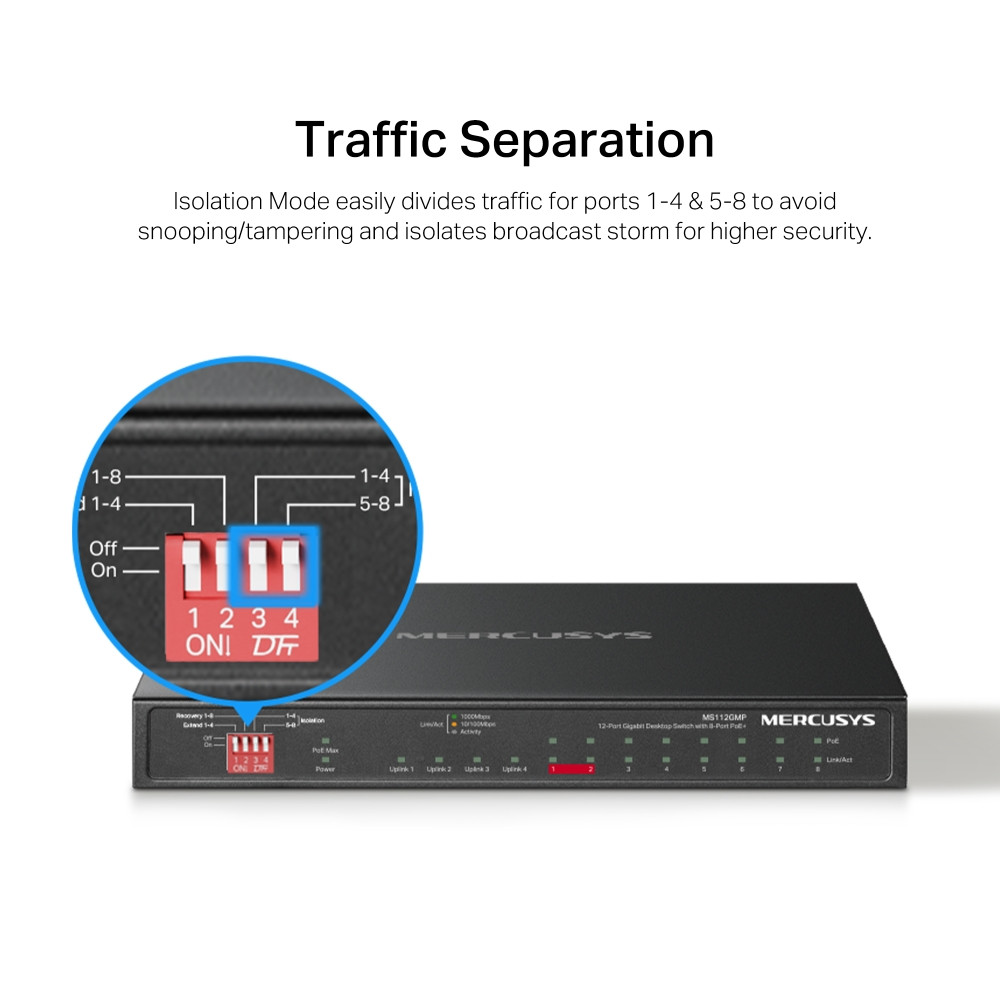 Мрежов комутатор Mercusys MS112GMP, 12-портов гигабитов с 8 PoE+ порта  - 5