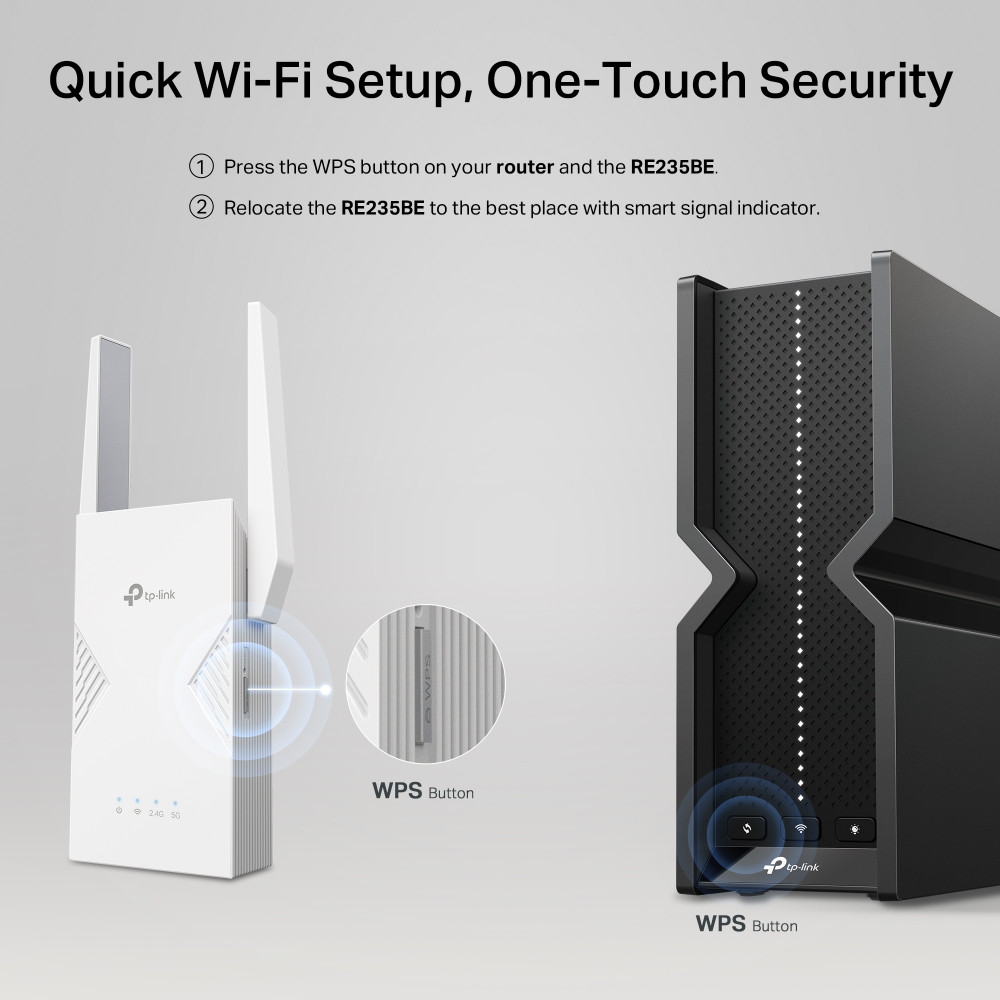 Wi-Fi удължител TP-Link RE235BE, BE3600 Двубандов 2.4/5GHz, 2× Външни антени, 1× 2.5Gbps Ethernet - 7