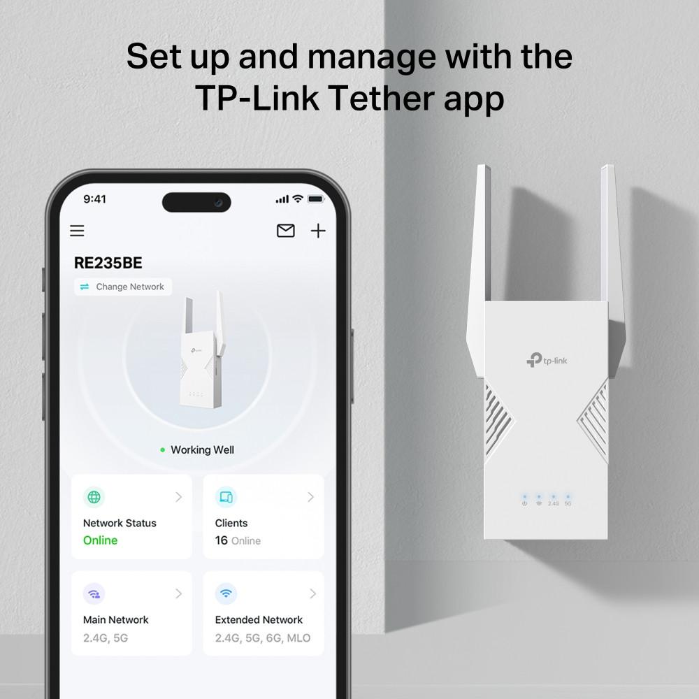 Wi-Fi удължител TP-Link RE235BE, BE3600 Двубандов 2.4/5GHz, 2× Външни антени, 1× 2.5Gbps Ethernet - 8