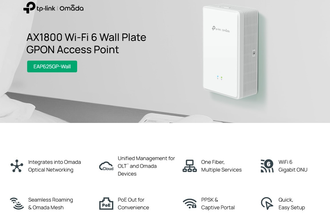 Точка за достъп TP-Link Omada EAP625GP-Wall, WiFi 6 AX1800, 2x Gigabit Портове, GPON - 2