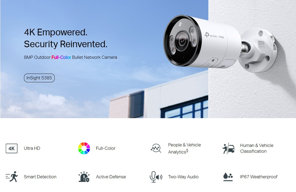 Външна мрежова камера TP-Link VIGI InSight S385, 8MP 4K, 4mm обектив, Bullet, Бял - InSight S385(4mm) - 3