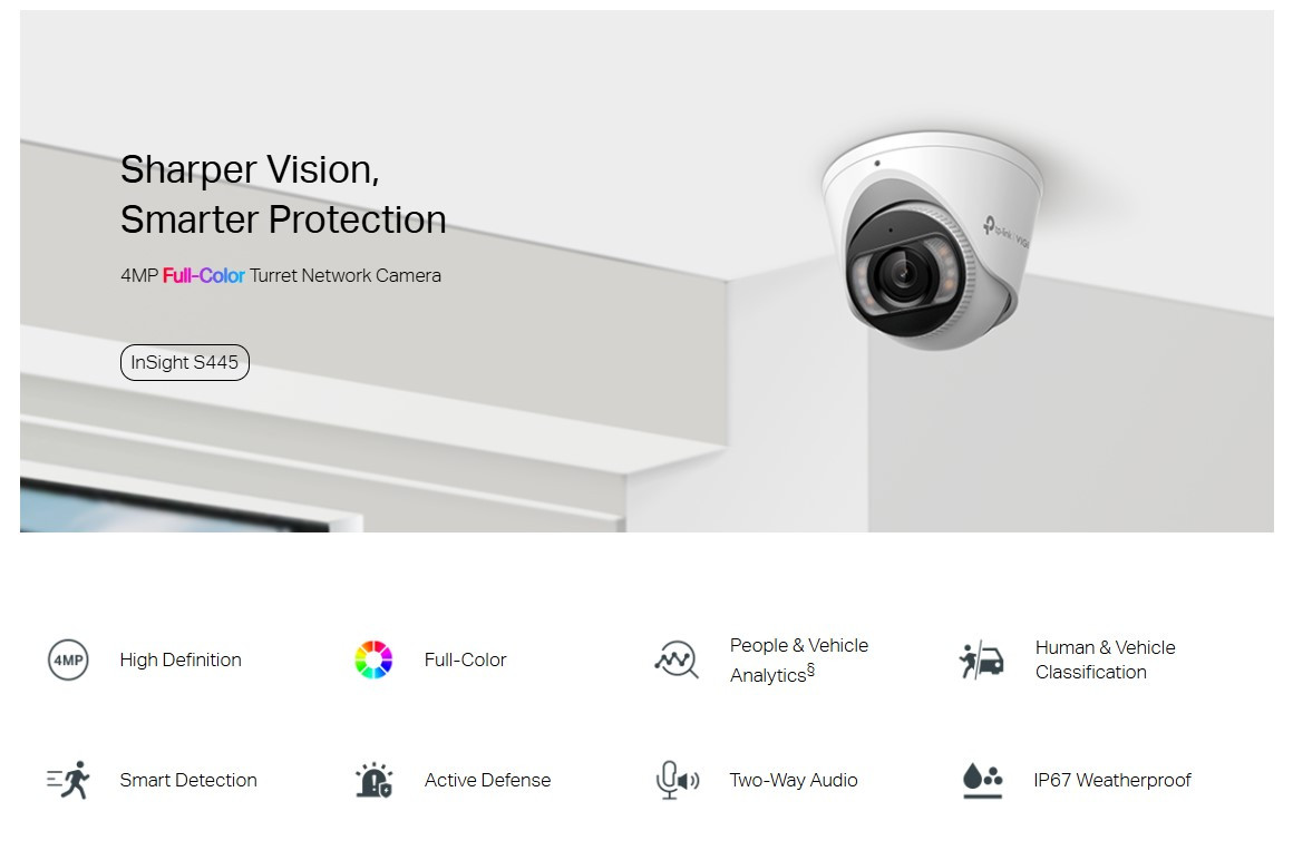 Мрежова камера TP-Link VIGI InSight S445, 4MP, 2688 x 1520, 4mm F1.6, PoE, Бяла - InSight S445(4mm) - 2