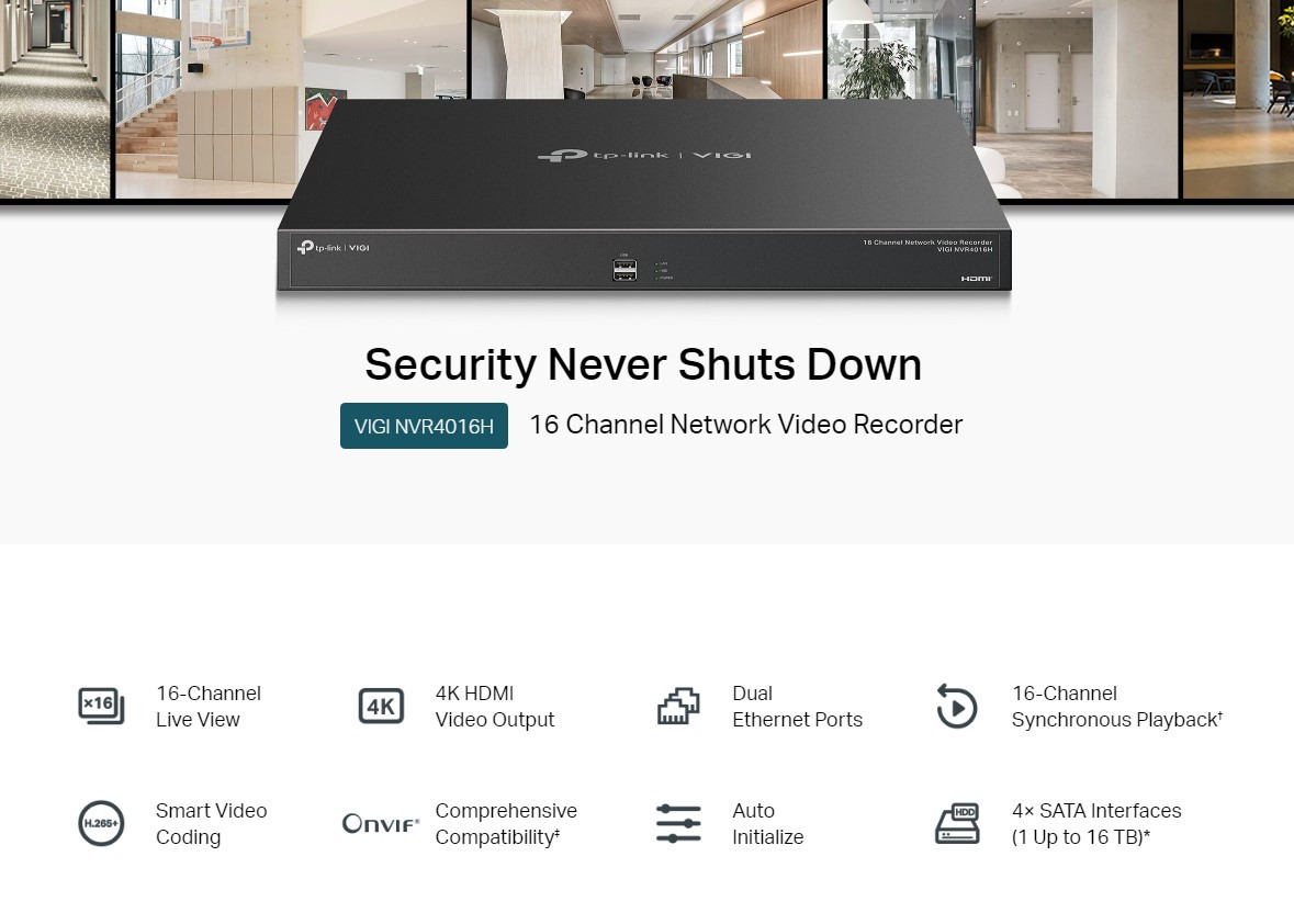 NVR устройство TP-Link VIGI NVR4016H, 16-канален, 1080p/4MP/8MP, 2x HDMI, 4x SATA - 2