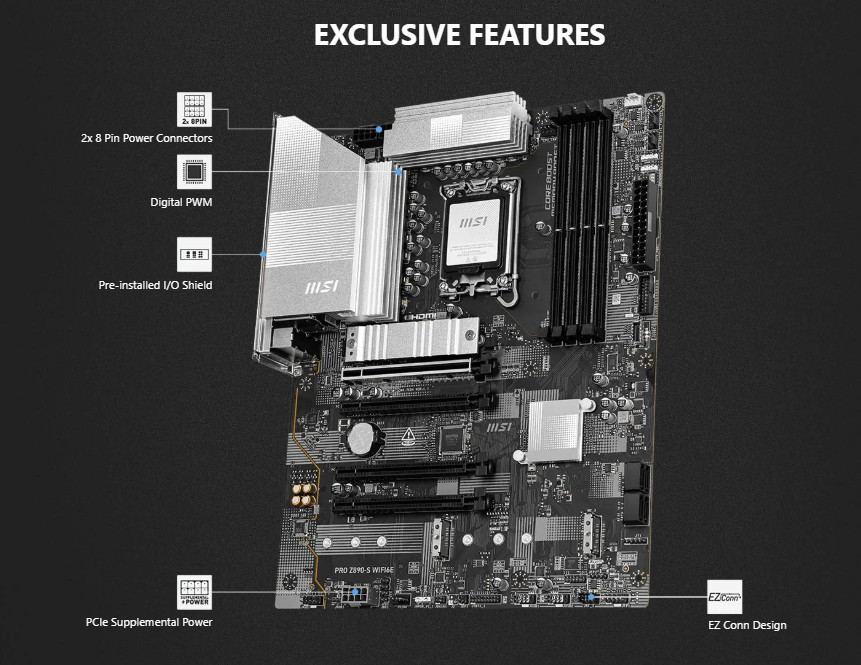 Дънна платка MSI PRO Z890-S WIFI6E, LGA 1851, DDR5 до 8800MHz (OC), 4x PCIe x16, 3x M.2, WiFi 6E - 3
