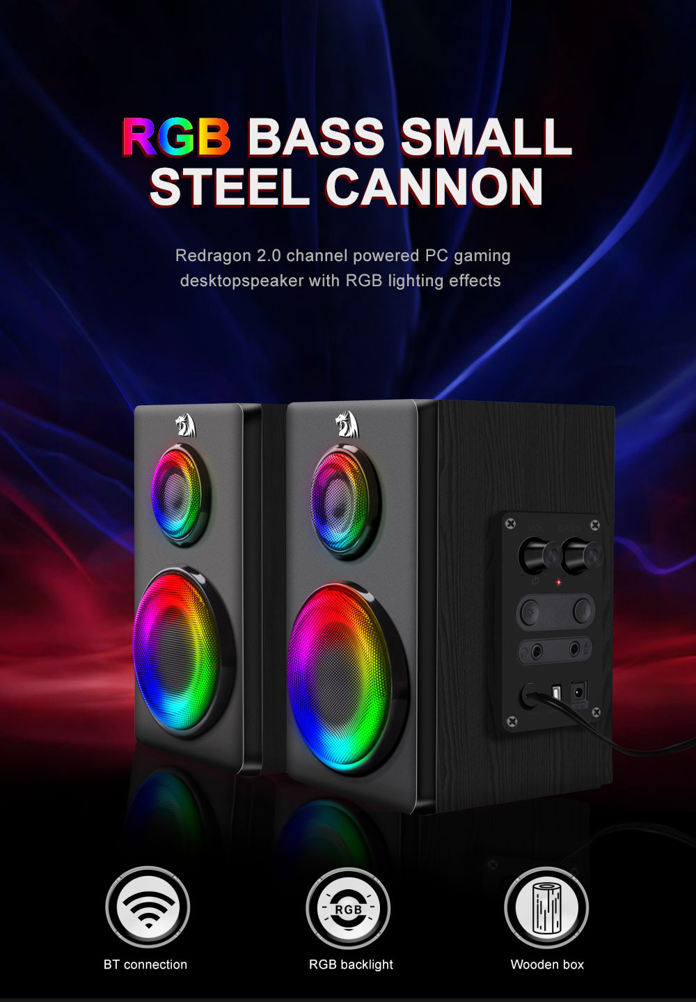 Тонколонки Redragon GS811 Orchestra, Стерео 7W RMS, Bluetooth 5.0, Дърво - 2