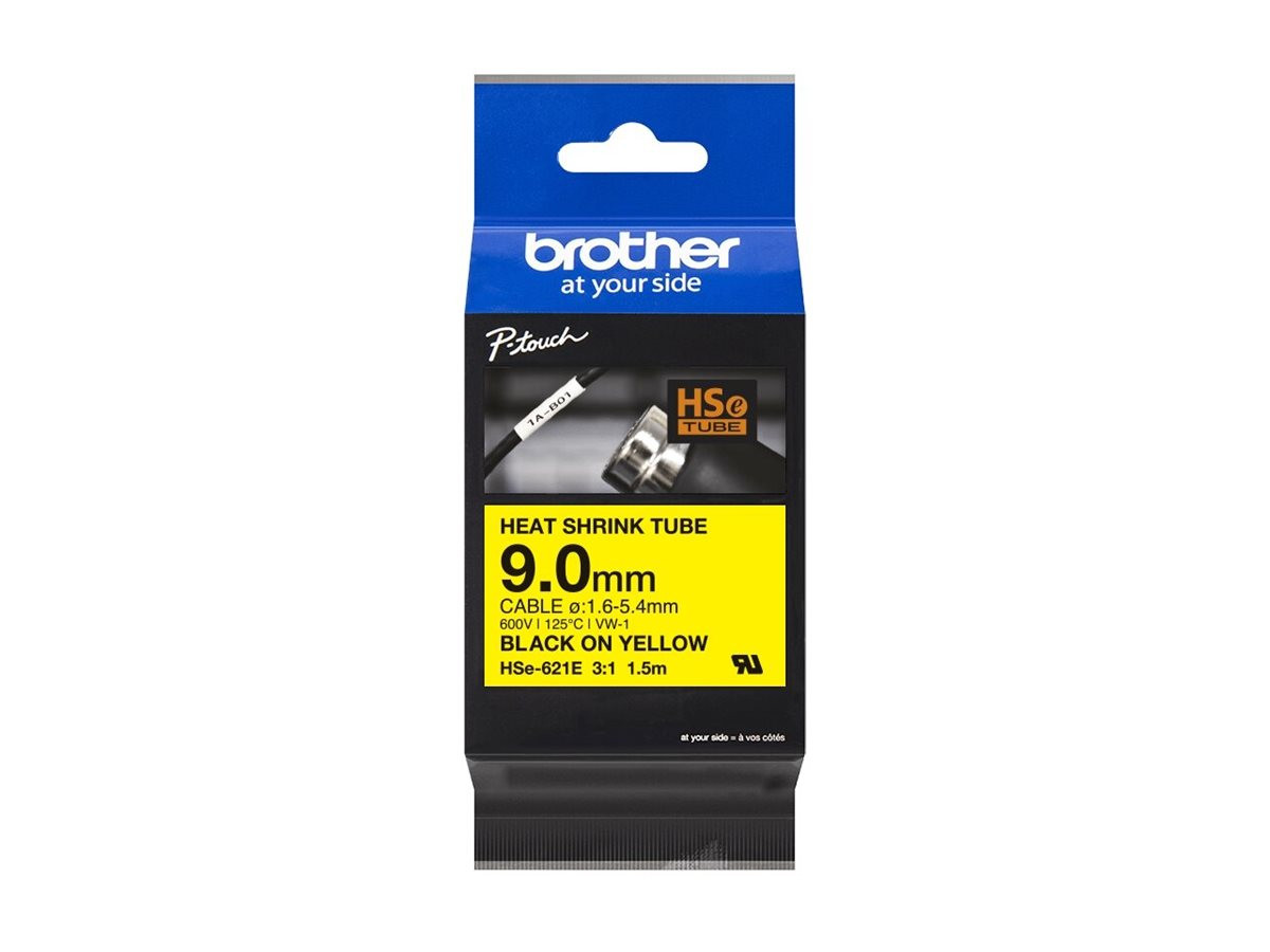 Термосвиваем етикет Brother HSE, 9mm x 1.5m, черен върху жълт - HSE621E - 5