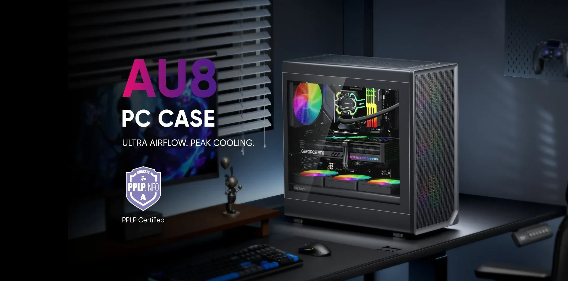 Кутия за компютър 1stPlayer AU8, Middle Tower ATX, Tempered Glass, 4x140mm A-RGB вентилатора, USB-C - AU8-BK-4FE7-14 - 9