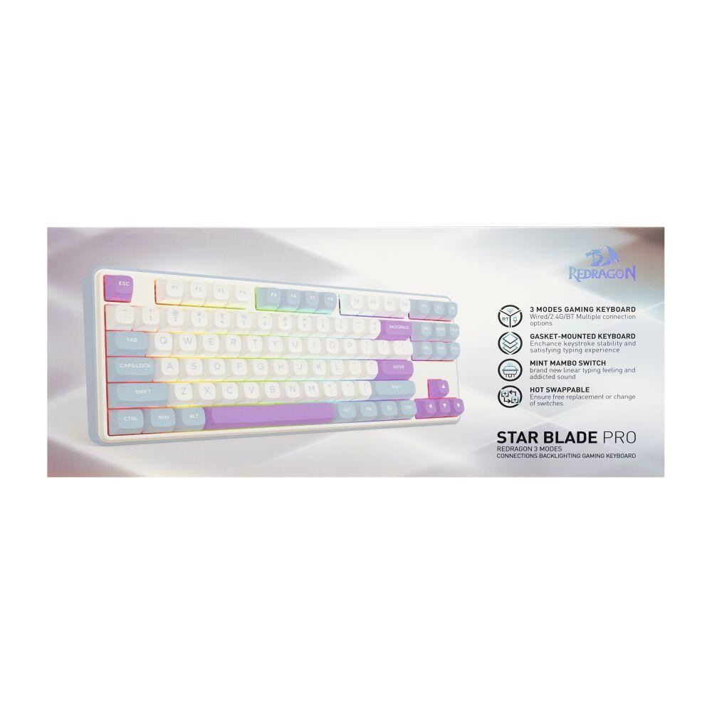 Bluetooth механична нископрофилна геймърска клавиатура Redragon Star Blade Pro, 65%, RGB подсветка, Mint Mambo суич, бяло-лилава - K707WBP-RGB-PRO - 9