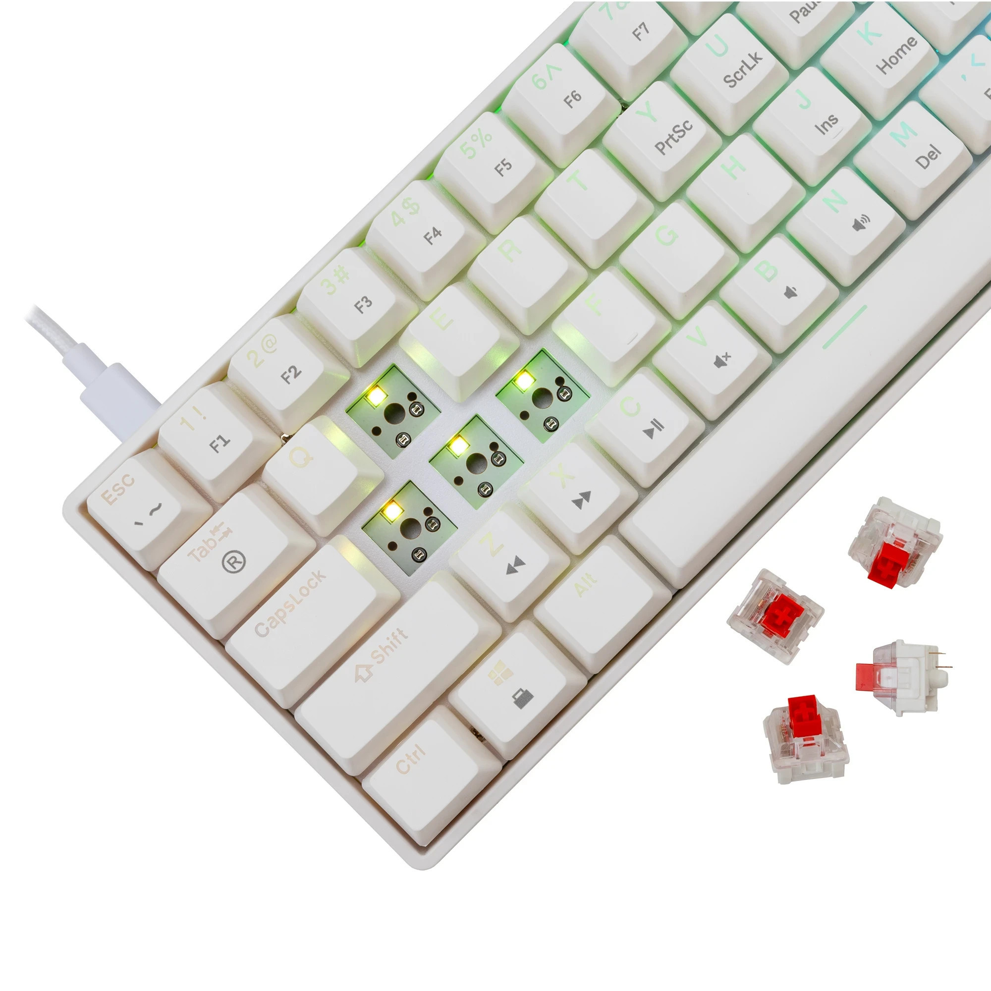 Геймърска механична клавиатура White Shark SHINOBI 2, 60%, YUSYA 5P Red Switches, Hot Swap, RGB, Бяла - SHINOBI-2-W-US-RED.SW - 5