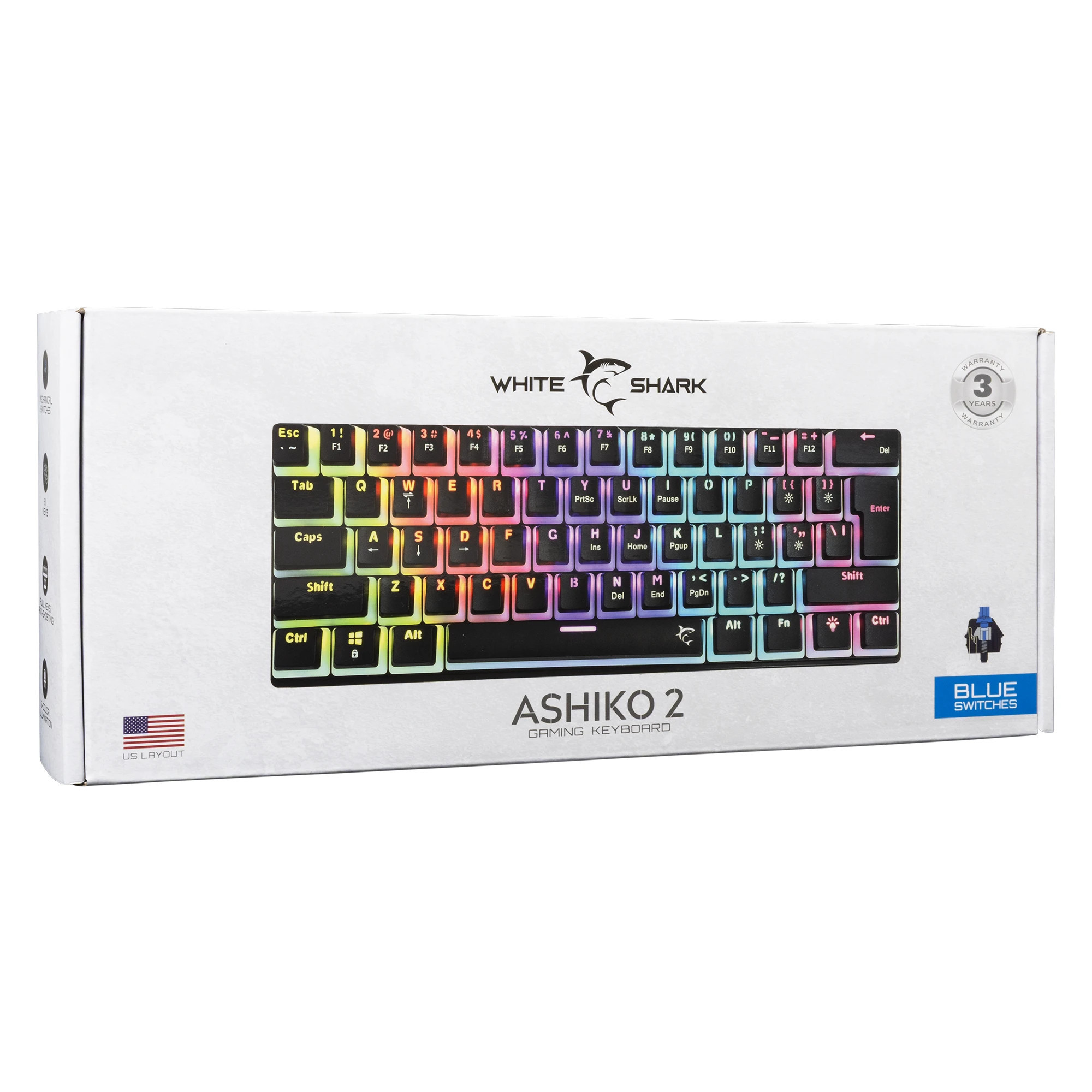 Механична геймърска клавиатура White Shark SHINOBI 2, 60%, Blue Switches, RGB подсветка, USB - ASHIKO-2-B-US-BLUE.SW - 7