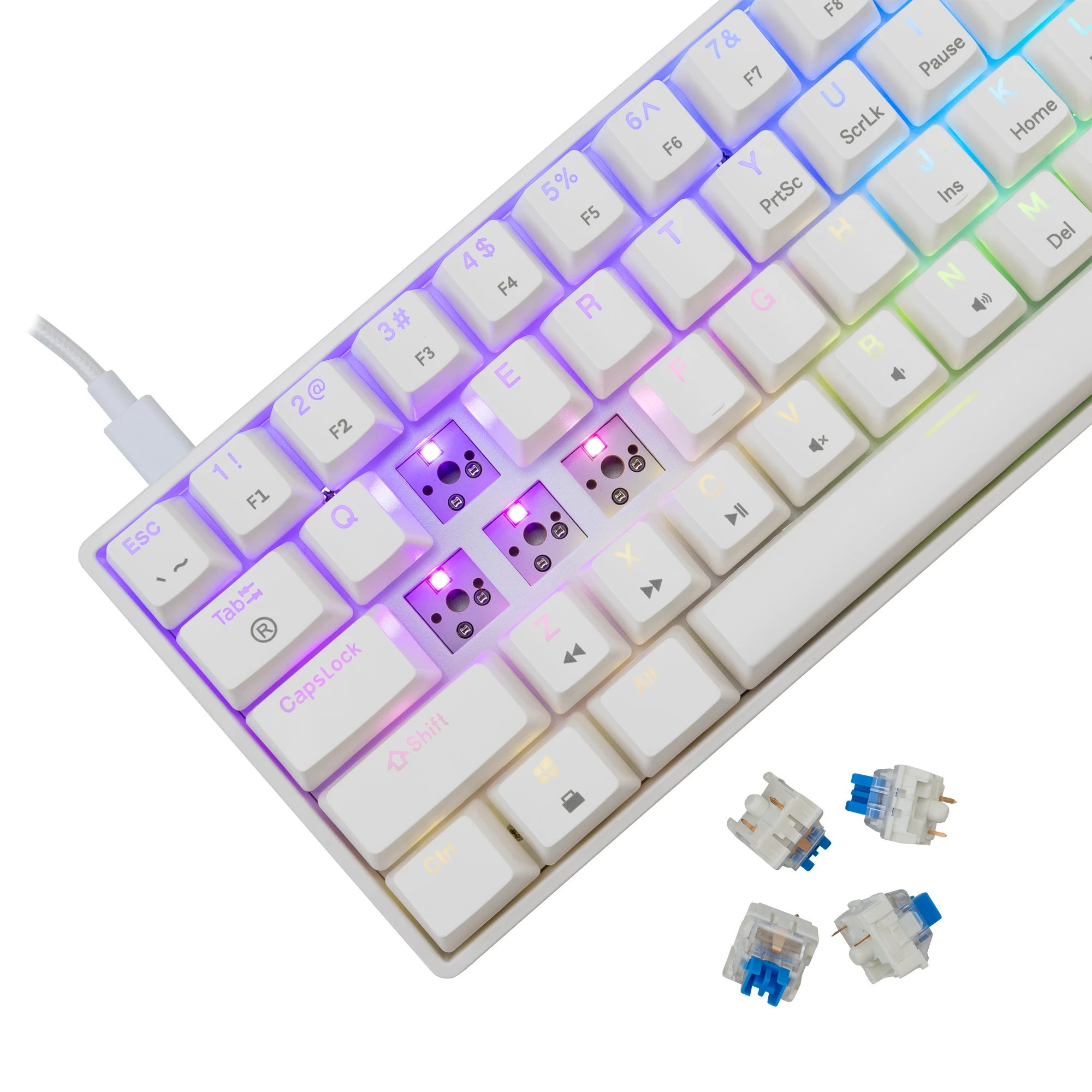 Геймърска механична клавиатура White Shark SHINOBI 2, 60%, YUSYA 5P Blue Switches, Hot Swap, RGB, бяла - SHINOBI-2-W-US-BLUE.SW - 5