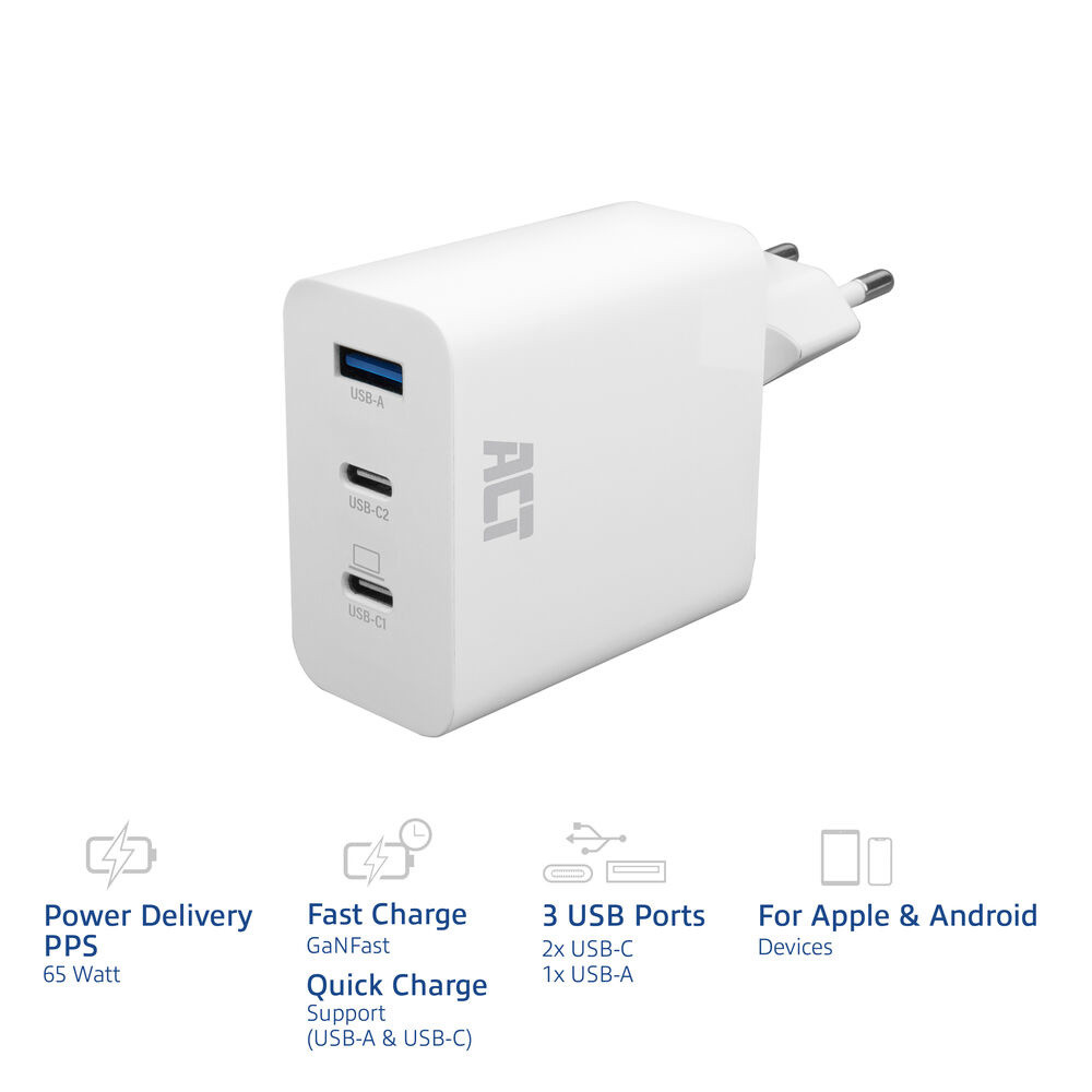 Зарядно ACT AC2170, 3 порта USB-C/USB-A, 65W, Power Delivery PPS, GaNFast, QuickCharge - 7