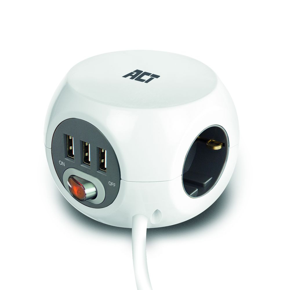Разклонител ACT куб, 3 гнезда, 3x USB-A, 3.0м, бял - AC2410 - 1